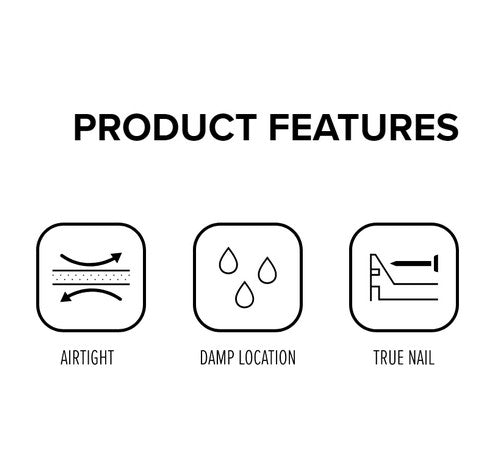 Icons for features of ELCO Lighting EL1499A: airtight with arrows, damp location with raindrops, true nail with diagram.