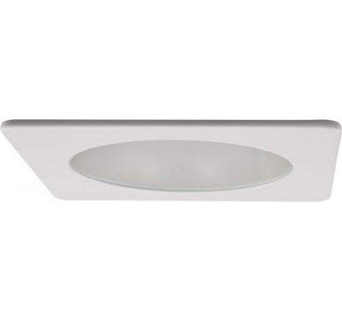 White square shower trim with frosted round lens and chrome reflector, designed for LED lighting integration.