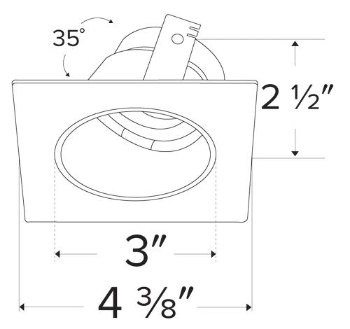 White square reflector wall wash with adjustable die-cast trim, 3-inch size, twist-lock design, and measurement annotations.