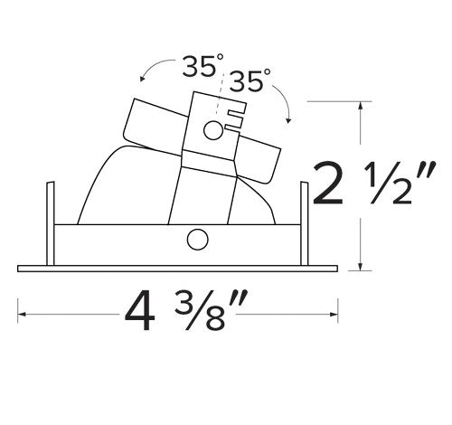 3 Inch Square Wall Wash Reflector with adjustable die-cast trims, Twist-&-Lock system, and marked dimensions in black and white.
