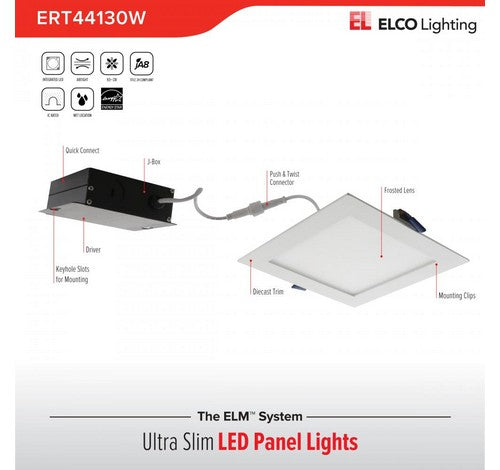 ELCO Lighting ERT44130N 9W 4" Ultra Slim LED Square Panel Light 3000K, 535lm
