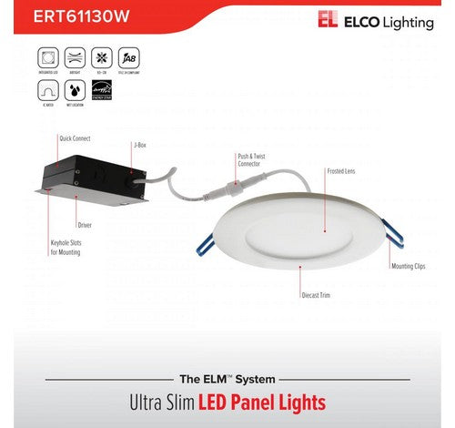 ELCO Lighting ERT61130W 12W 6" Ultra Slim LED Round Panel Light White 3000K, 750lm