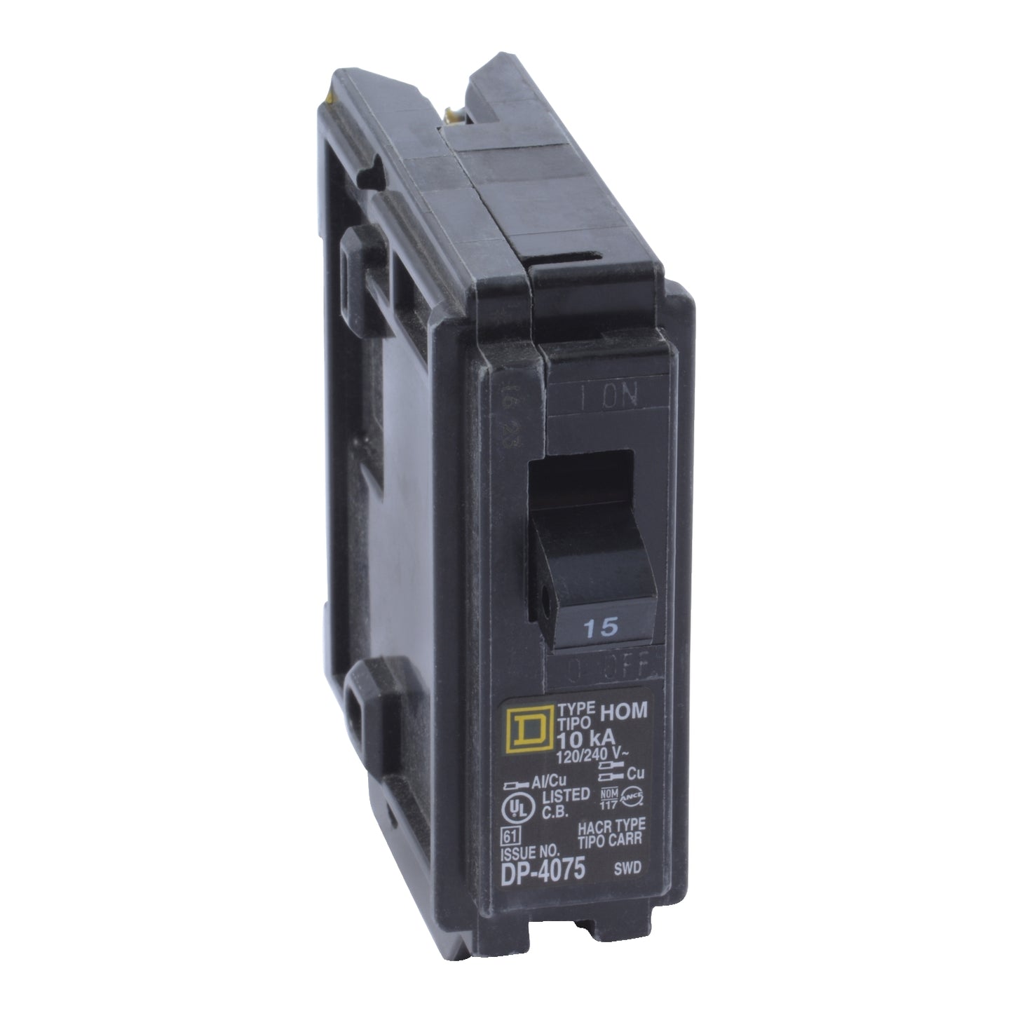 Square D HOM115 15 Amp black miniature circuit breaker with visible label details, 120V, single pole design.