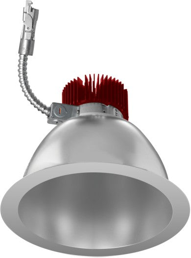 8-inch LED light engine trim with haze finish, red heat sink, aluminum reflector, and connector cable for recessed lighting.