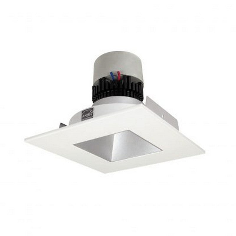 Nora Lighting NPR-4SNDSQ27XHW 12W 4 Inch Pearl LED Square Retrofit Reflector with Square Aperture 1000lm 2700K 120V Triac /ELV Dimming Haze Reflector / White Flange Finish