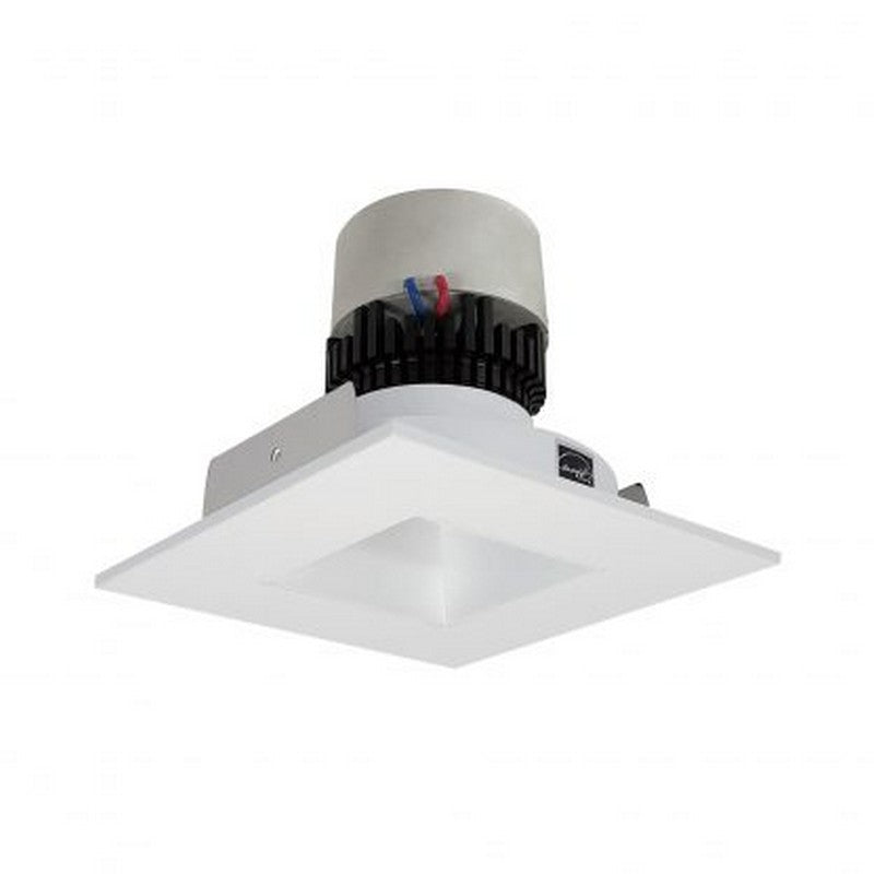 Nora Lighting NPR-4SNDSQ35XMPW 12W 4 Inch Pearl LED Square Retrofit Reflector with Square Aperture 1000lm 3500K 120V Triac /ELV Dimming Matte Powder White Reflector / Matte Powder White Flange Finish