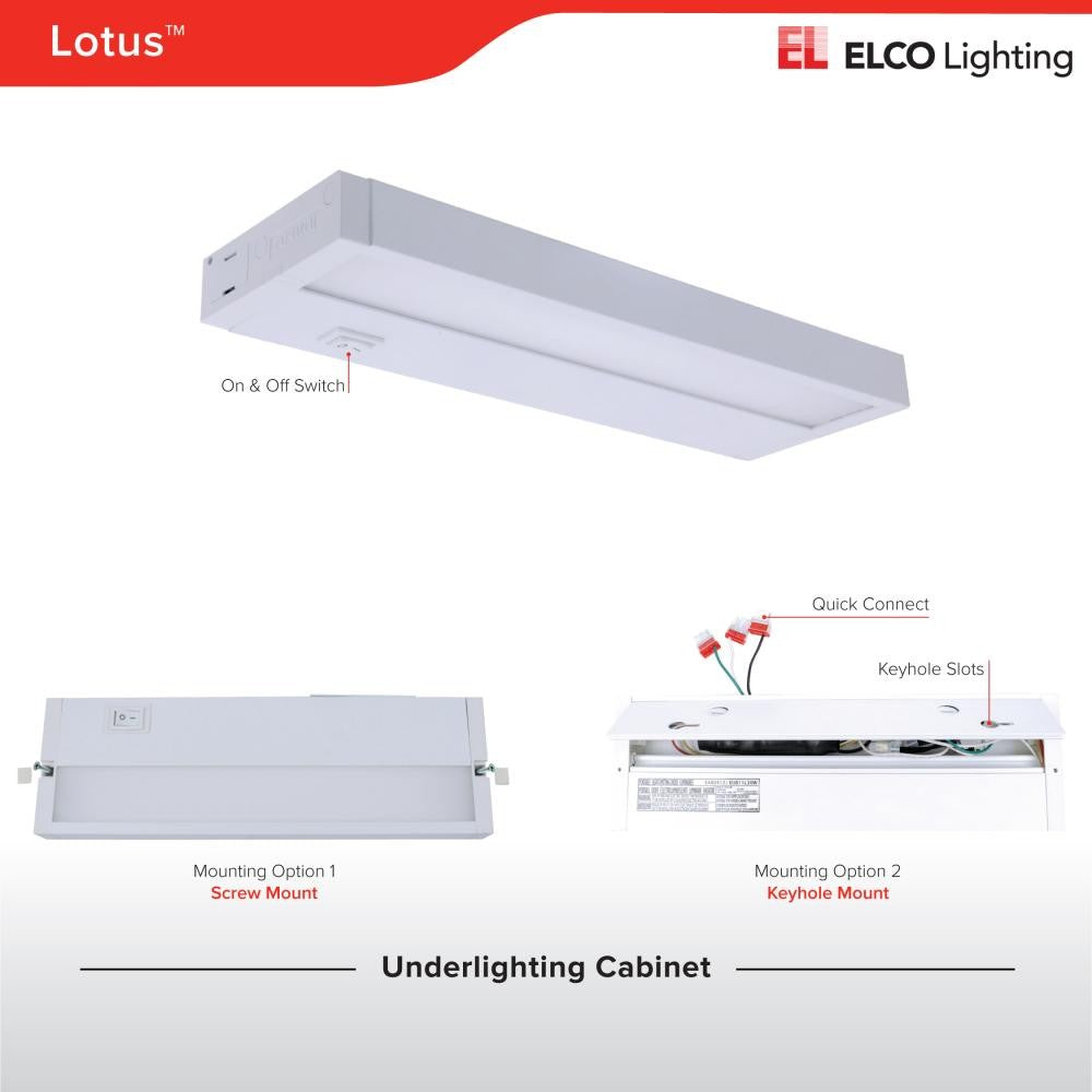 ELCO Lighting EUB12L40W Lotus LED Undercabinet Light 12 Inch Length 6W 4000K 430 lm 120V White Finish