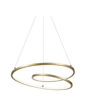 Kuzco LED Twist Pendant Light with antique brass finish, featuring elegant rolled aluminum loops and suspended by thin cables.