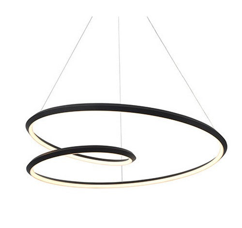 Black LED ampersand pendant ceiling light with thin, tapering edge and arcing interior surface illuminating softly.