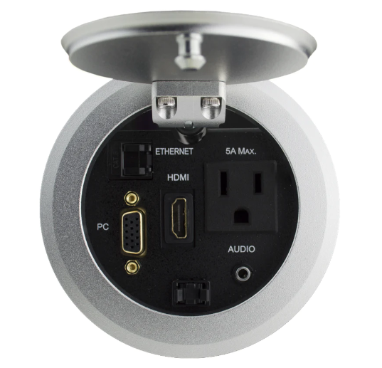 Lew Electric RTBUS-11BC Round Table Box W/ Flip Lidn & 1 Power, 1 HDMI, 1 VGA, 1 Cat6, Silver