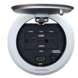 Lew Electric RTBUS-24BC Round Table Box W Flip Lid, 2 Power, 2 Charging USB, & 1 HDMI, Silver