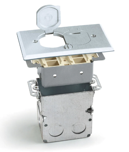 Lew Electric SWB-2-LR-T-A Recessed Floor Plate W/ Box, 4 Port Keystones & 2 Flip Lids, Aluminum