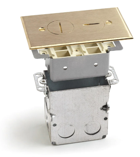 Lew Electric SWB-2-T Recessed Floor Plate W/ Box, 4 Port Keystones & 2 Screw Plugs, Brass