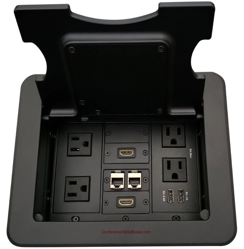 Lew Electric TBUS-1-KWC-B1 Cable Well Wireless Table Box W/ Charging Lid, 2 USB, 2 HDMI & 2 Cat6, Black Finish