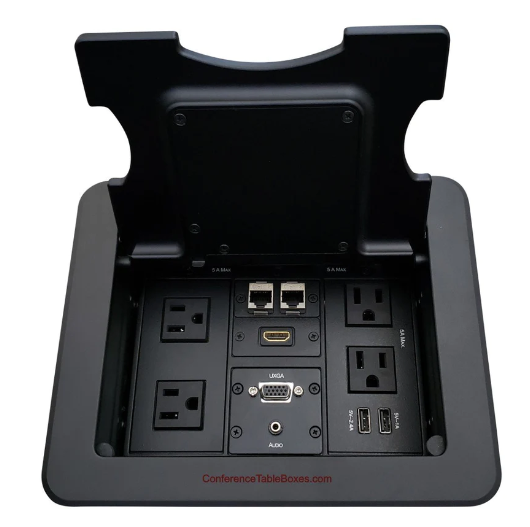 Lew Electric TBUS-1-KWC-B2 Cable Well Wireless Table Box W/ Charging Lid, 2 USB, 1 HDMI, 1 VGA & 2 Cat6, Black Finish
