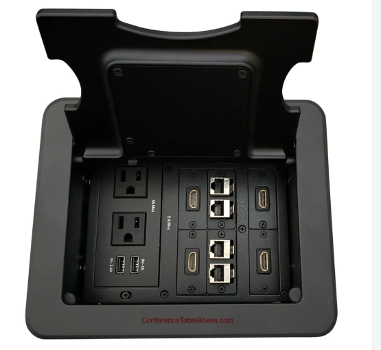 Lew Electric TBUS-1-KWC-B3 Cable Well QI Wireless Table Box W/ Charging Lid 2 AC, 2 USB, 4 HDM & 4 Cat6, Black Finish