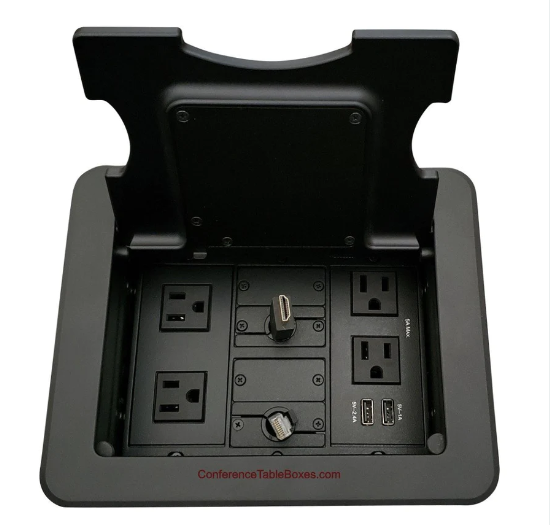 Lew Electric TBUS-1-KWC-B5 Cable Well Wireless Table Box W/ Charging Lid 4 Power AC, Retractable HDMI/ Cat6, Black