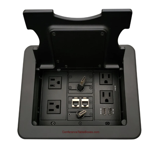 Lew Electric TBUS-1-KWC-B6 Cable Well Wireless Table Box W/ Charging Lid 4 Power AC, Retractable HDMI, 2 Cat6, Black