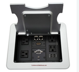 Lew Electric TBUS-1-KWC-S2 Cable Well Wireless Table Box W/ Charging Lid, 2 USB, 1 HDMI, 1 VGA & 2 Cat6, Silver Finish