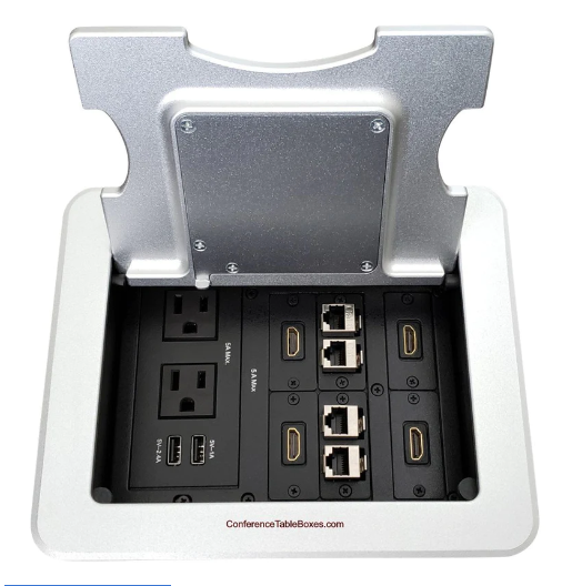 Lew Electric TBUS-1-KWC-S3 Cable Well QI Wireless Table Box W/ Charging Lid 2 AC, 2 USB, 4 HDM & 4 Cat6, Silver Finish