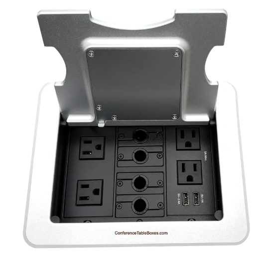 Lew Electric TBUS-1-KWC-S4 Cable Well QI Wireless Table Box W/ Charging Lid 4 Power AC, 4 Grommet Holes, Silver