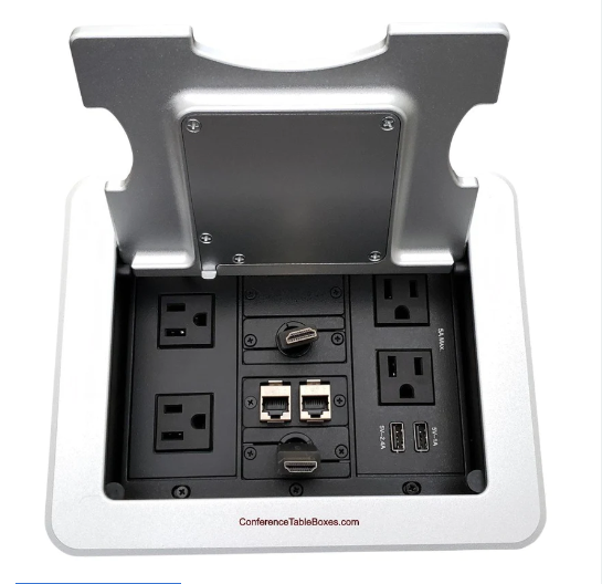 Lew Electric TBUS-1-KWC-S6 Cable Well Wireless Table Box W/ Charging Lid 4 Power AC, Retractable HDMI, 2 Cat6, Silver
