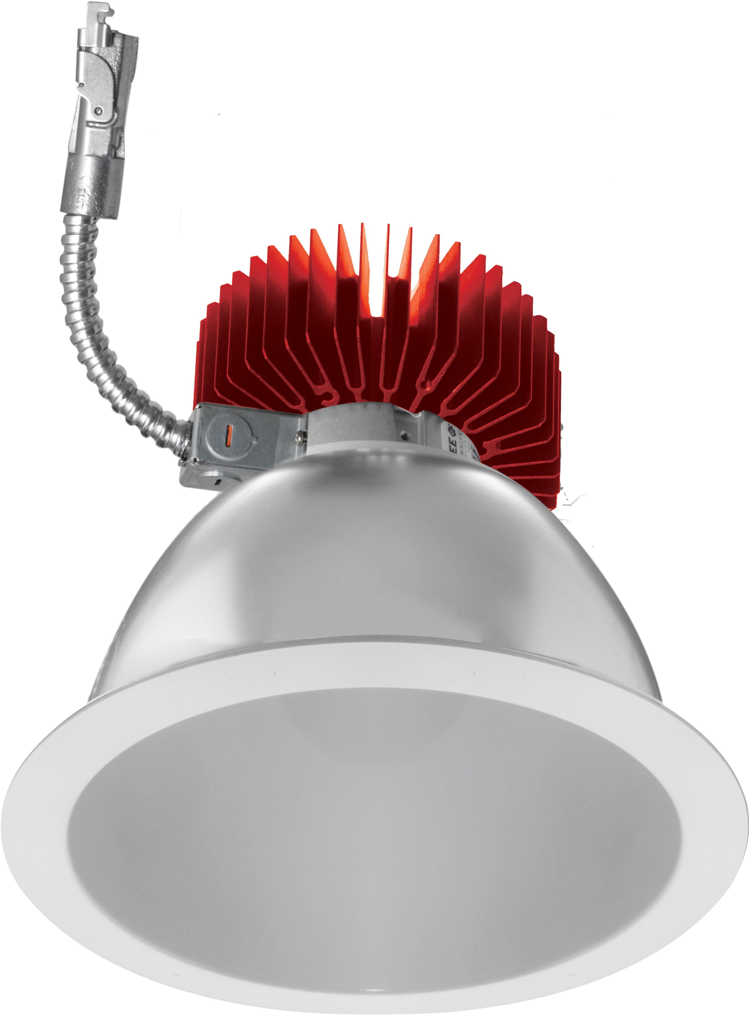 White 8-inch LED light trim with red heat sink, ELCO Lighting E810L4027W, reflective aluminum, for recessed lighting.