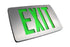 Thin die-cast aluminum exit sign with green LED lettering, single face design.